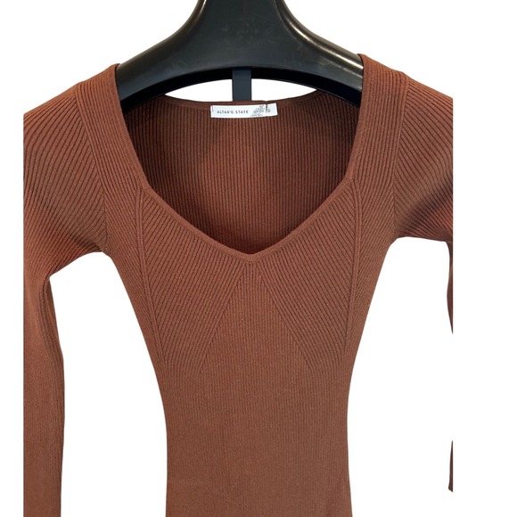Altar State Ribbed Knit Midi Dress Long Sleeve Brown V Neck Stretch Women's S - Picture 2 of 5